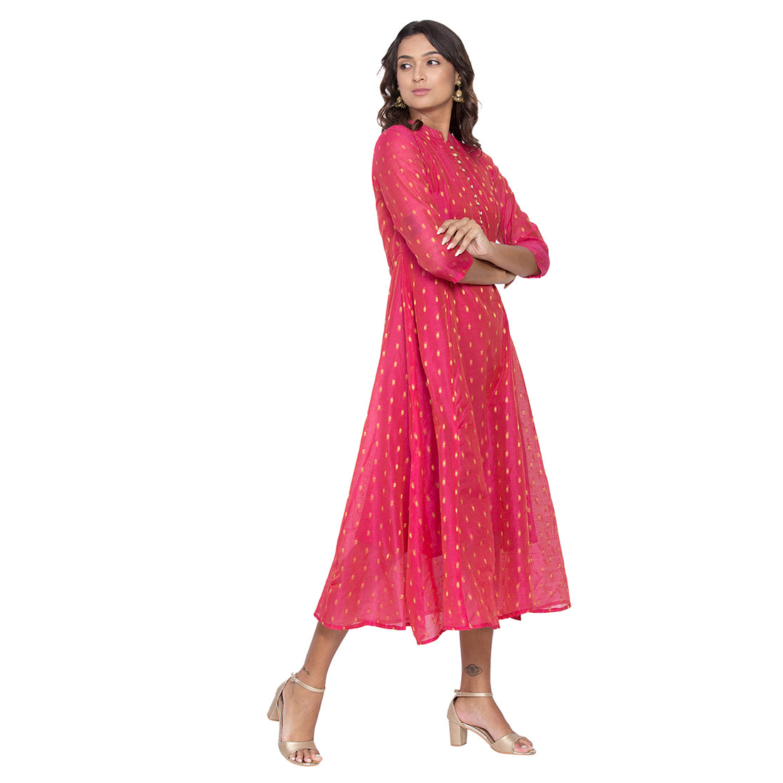 Be Indi Women Fuchsia Self Design Fit and Flare Dress