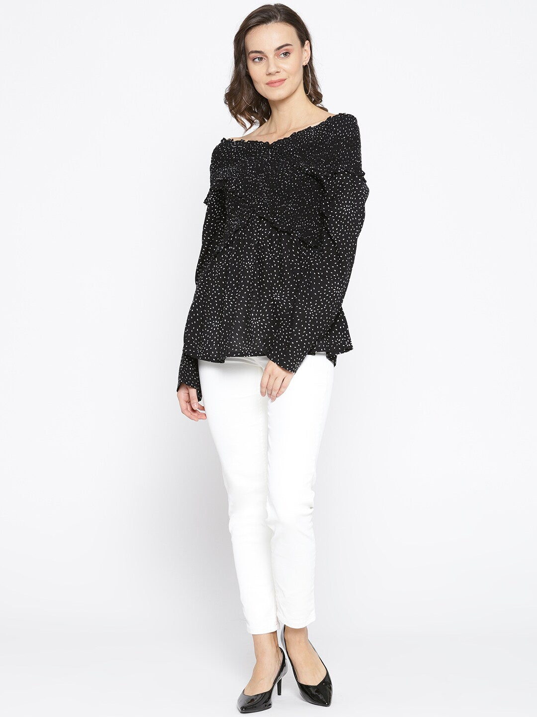 BeIndi Women Black Printed Bardot Top