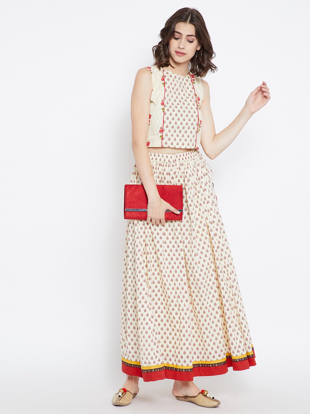 Be Indi Women Cream-Coloured Printed Maxi Flared Pure Cotton Skirt
