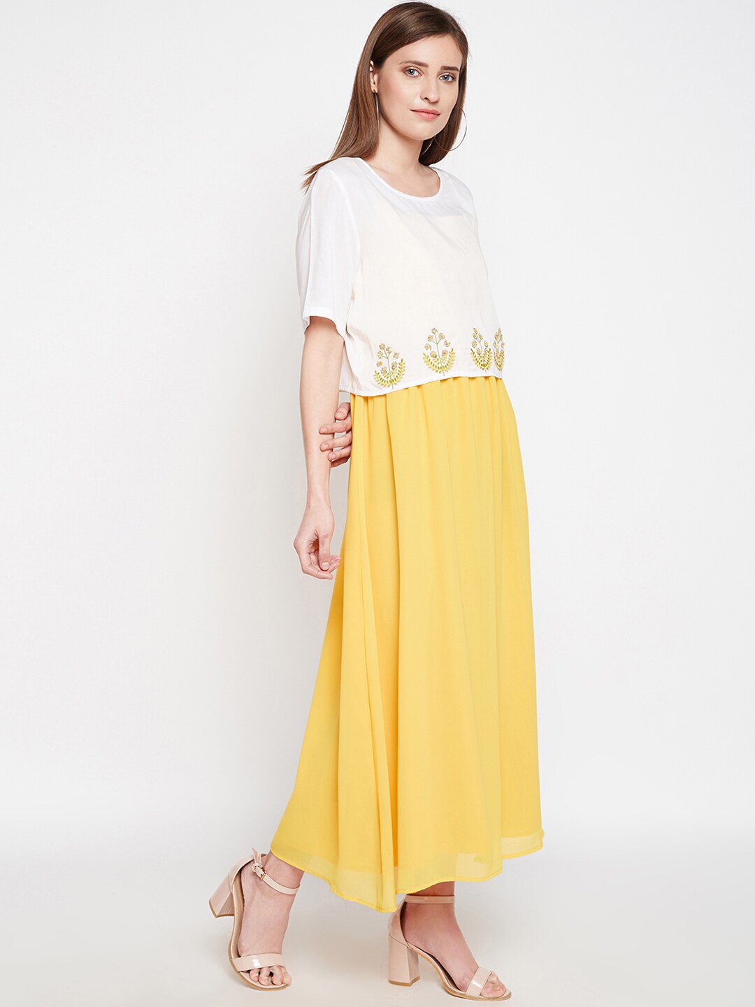 Be Indi Women Yellow & White A-Line Dress