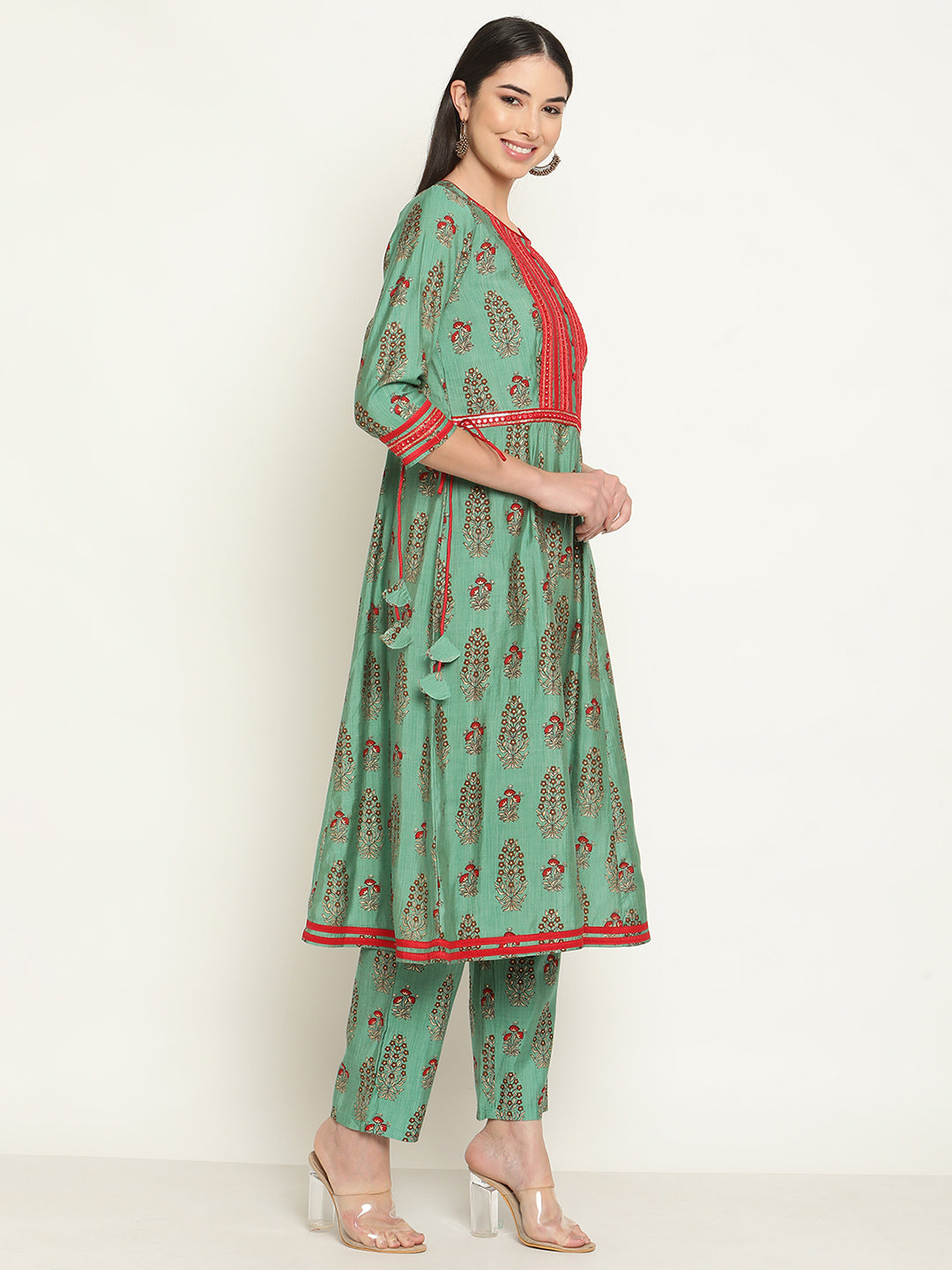 Be Indi Women Green Anarkali Kurta With Pant & With Dupatta