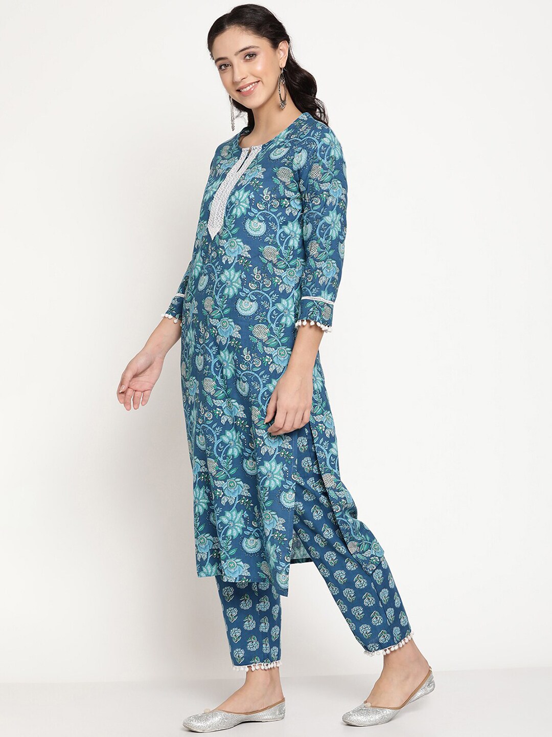 Be Indi Women Blue Floral Embroidered Empire Pure Cotton Kurti with Trousers