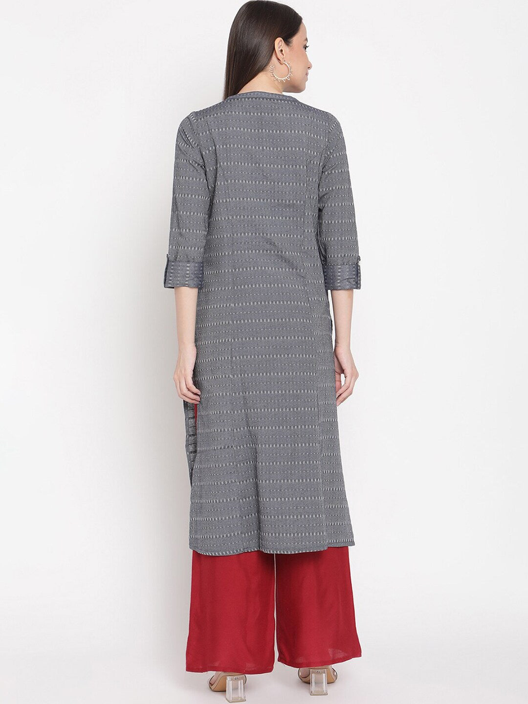 Be Indi Women Grey Striped Thread Work Khadi Kurta