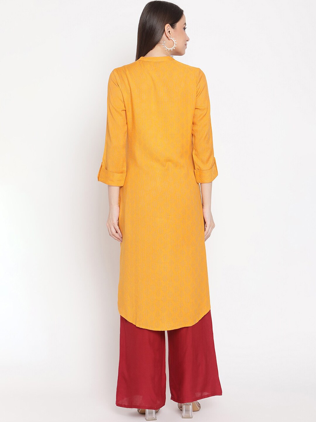 Be Indi Women Mustard Yellow Thread Work Dobby Kurta