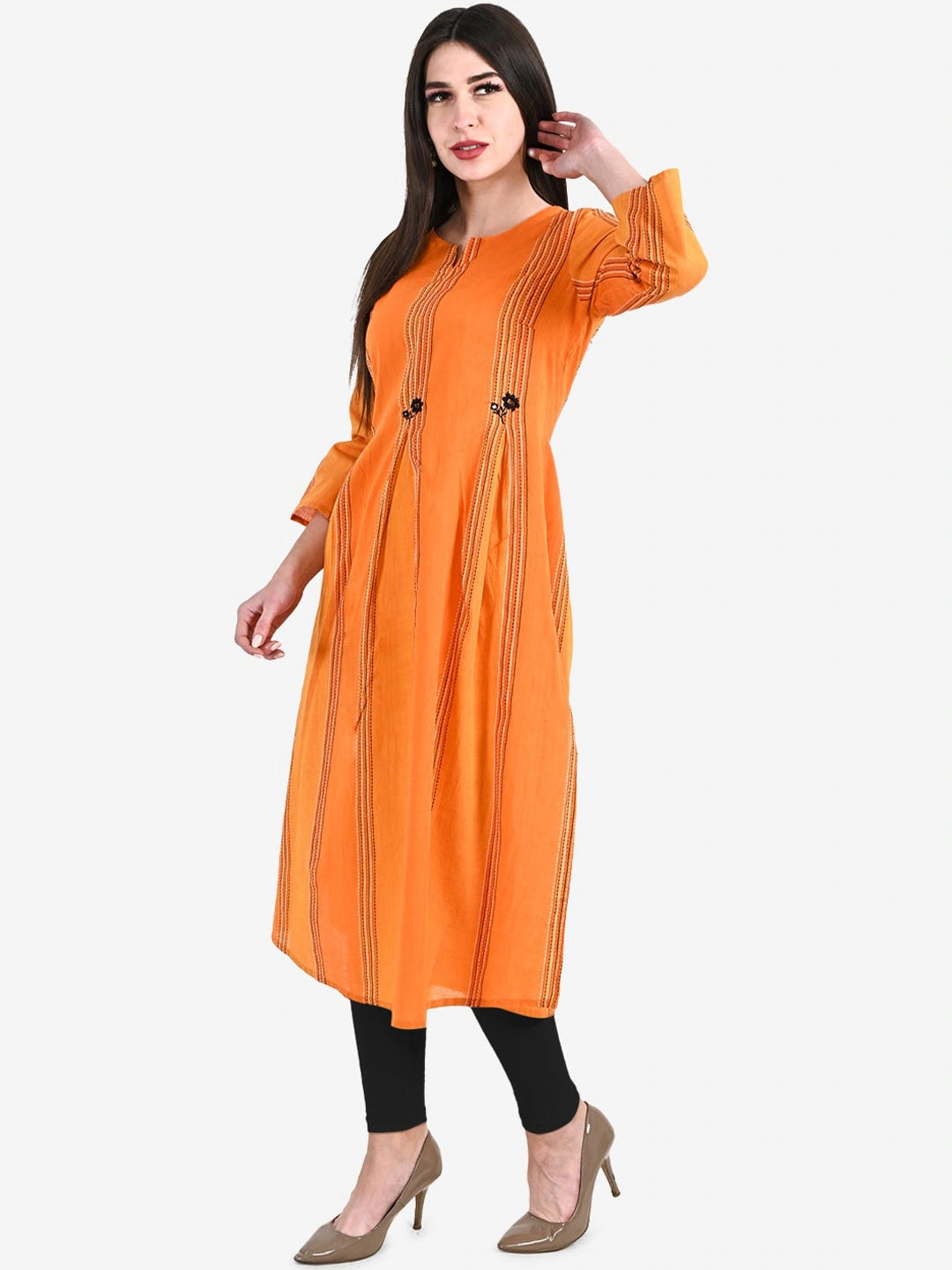 Be Indi Women Orange Thread Work Kurta