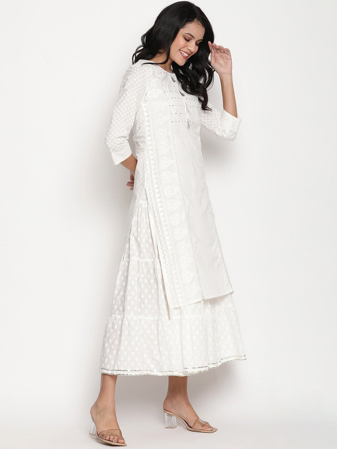 Be Indi White Ethnic Motifs A-Line Midi Dress