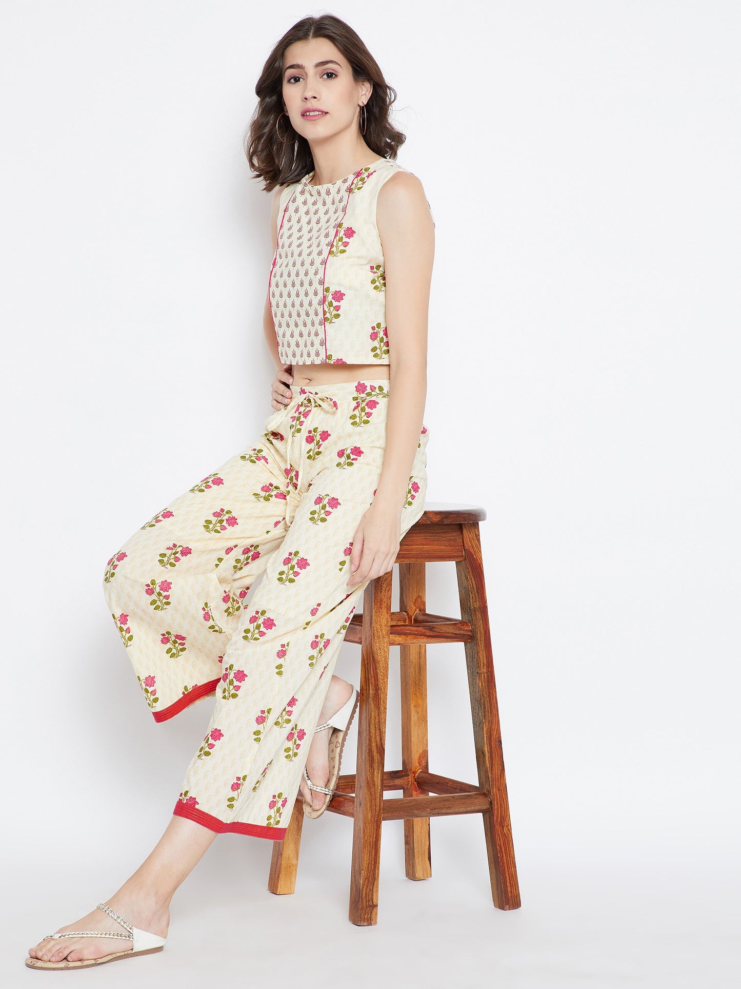 Be Indi Women Cream-Coloured Straight Printed Palazzos