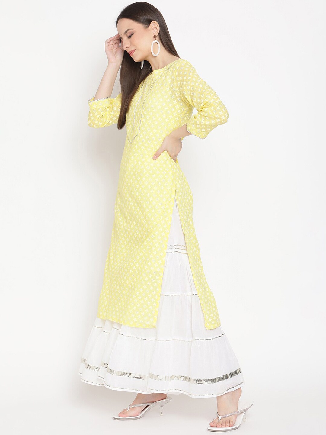 Be Indi Women Pink Bandhani Regular Gotta Patti Pure Cotton Kurti with Skirt