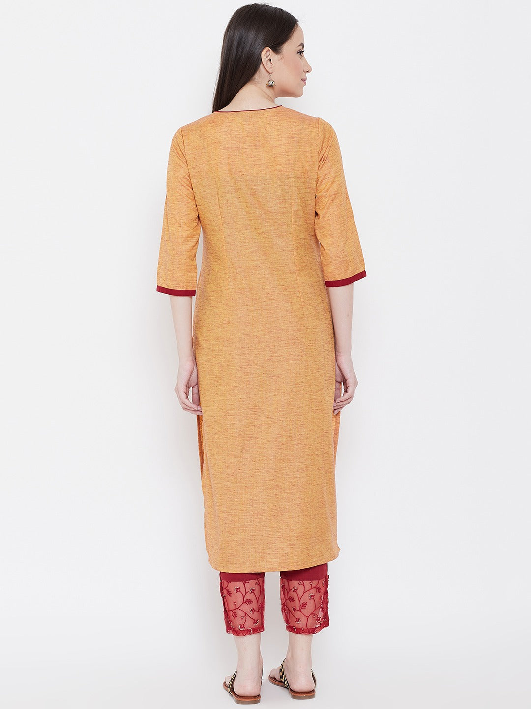 Be Indi Women Light Orange Yoke Design Straight Kurta