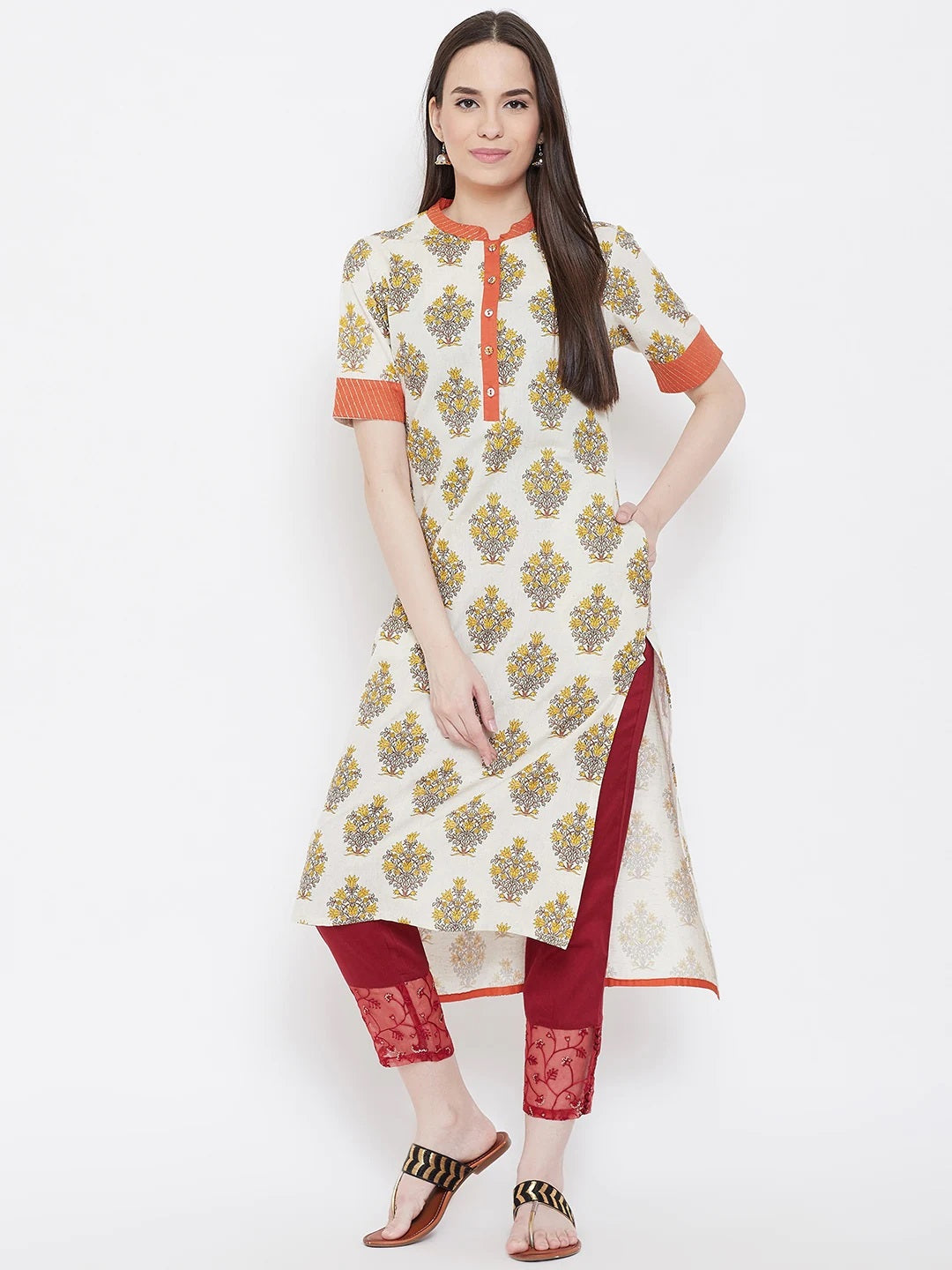 Be Indi Women Off White Geometric Kurta