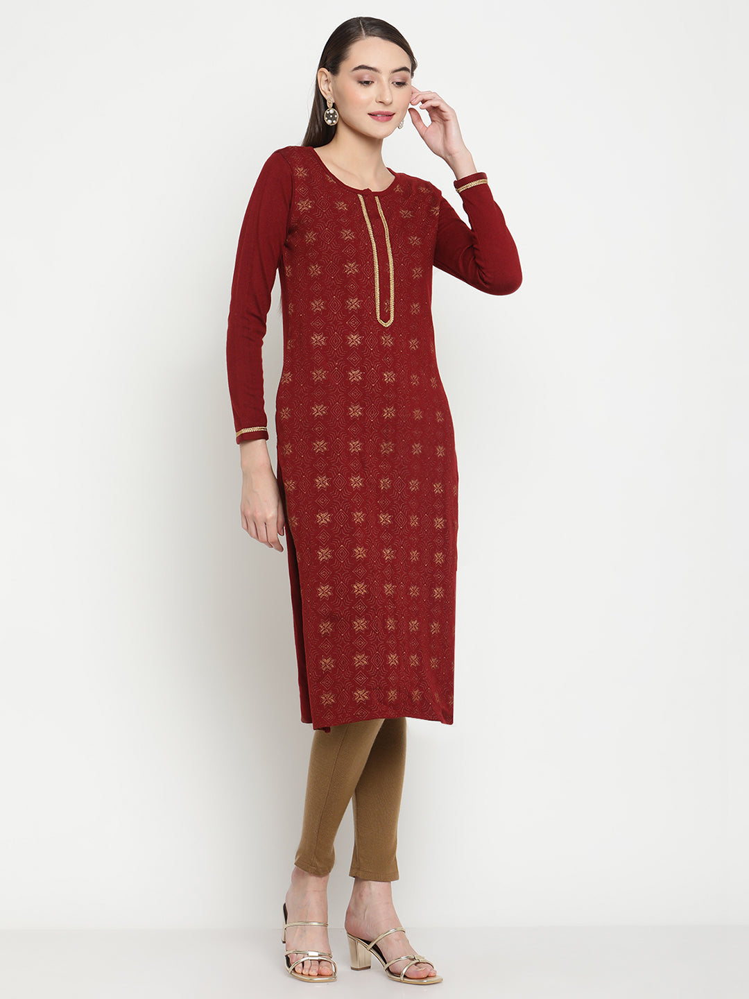 BeIndi Knitted Women Winter Maroon Ethnic Print Kurta