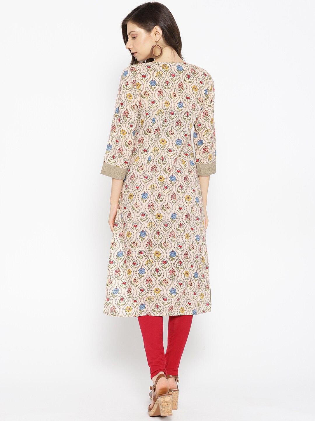 BeIndi Women Taupe & Pink Floral Yoke Design Straight Kurta