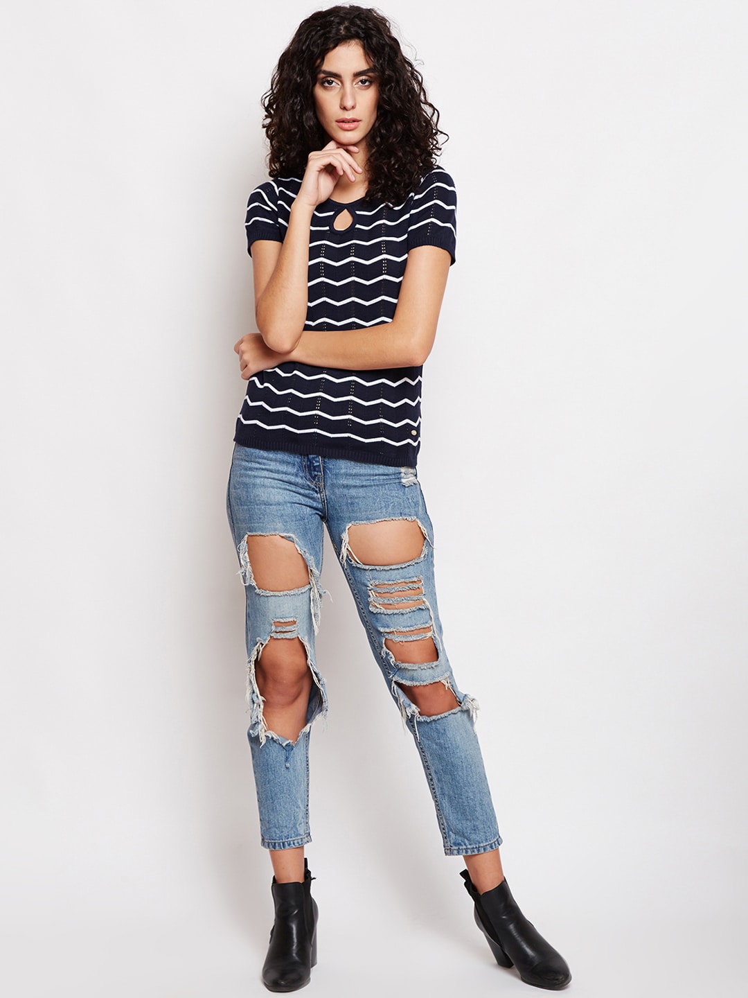 BeIndi Women Navy Round Neck Flat Knit Top