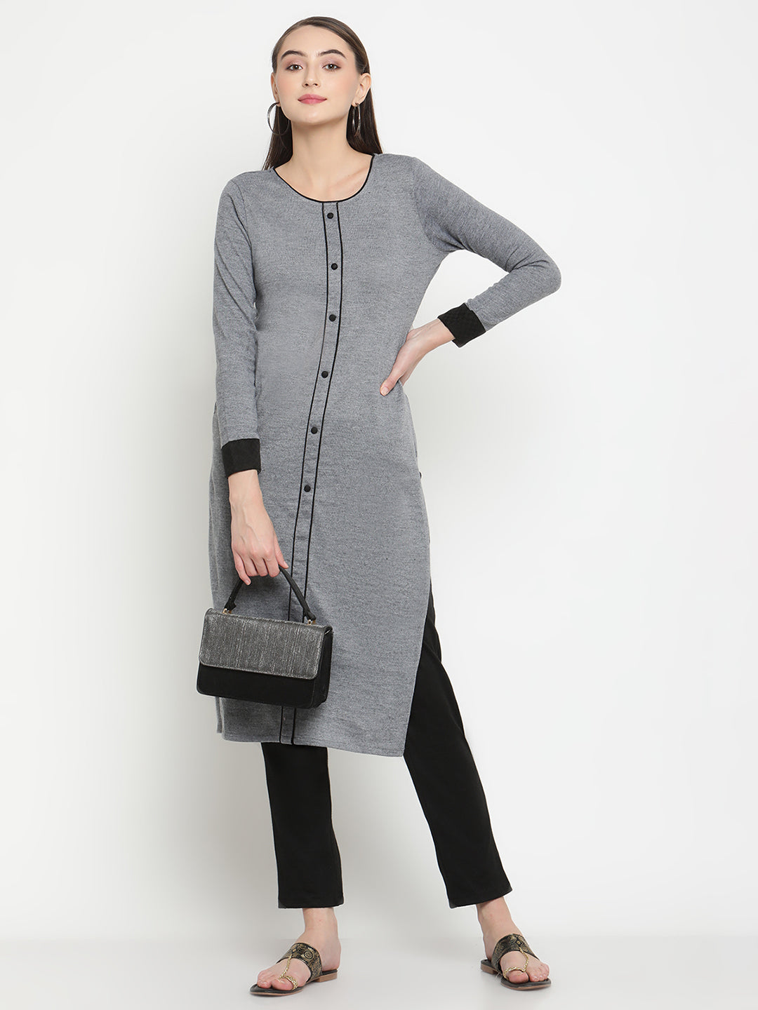 BeIndi Knitted Women Winter Grey Kurta