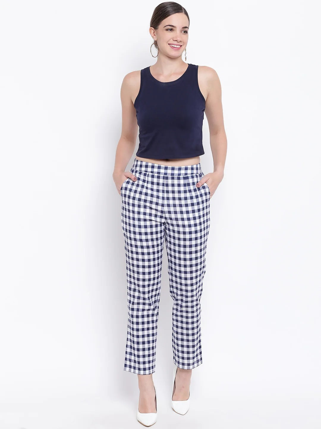 Be Indi Women navy blue -Coloured Straight Fit Pleated Trousers