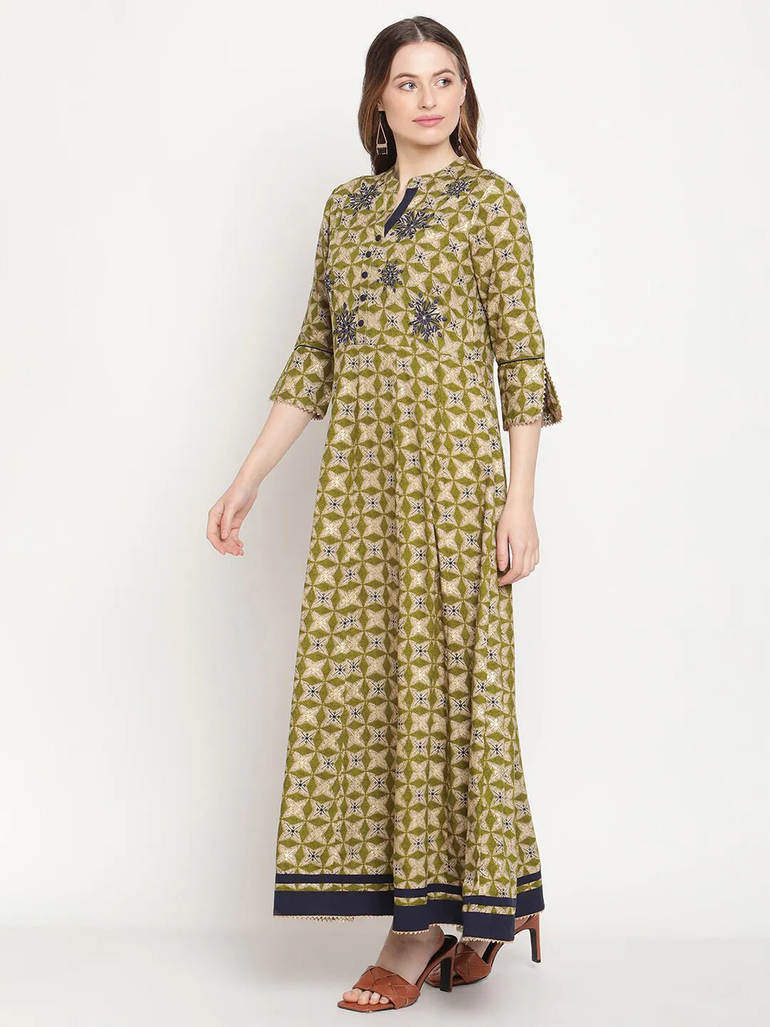 Be Indi Women Green Navy Printed With Contrast Embroidered And Trim Detailing Maxi Dress