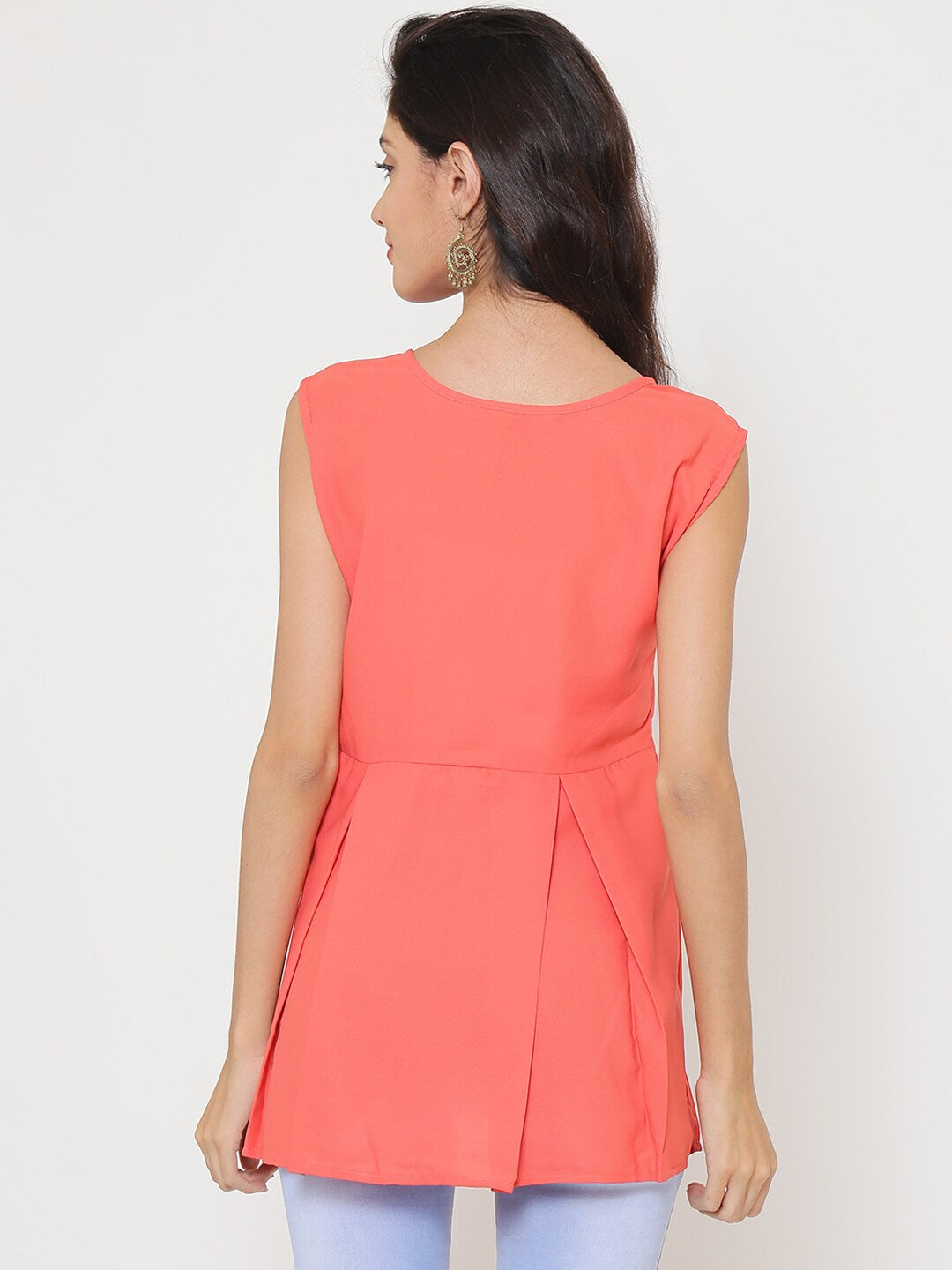 BeIndi Women Peach-Colored Self Design A-Line Longline Top