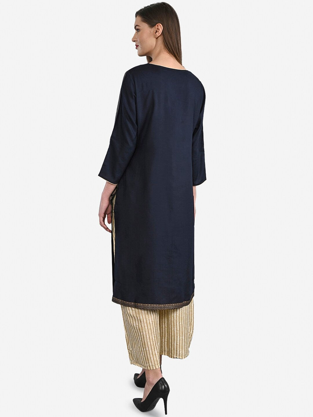 BeIndi Women Print Solid Rayon Embroidery Golden Border Kurta With Palazzo