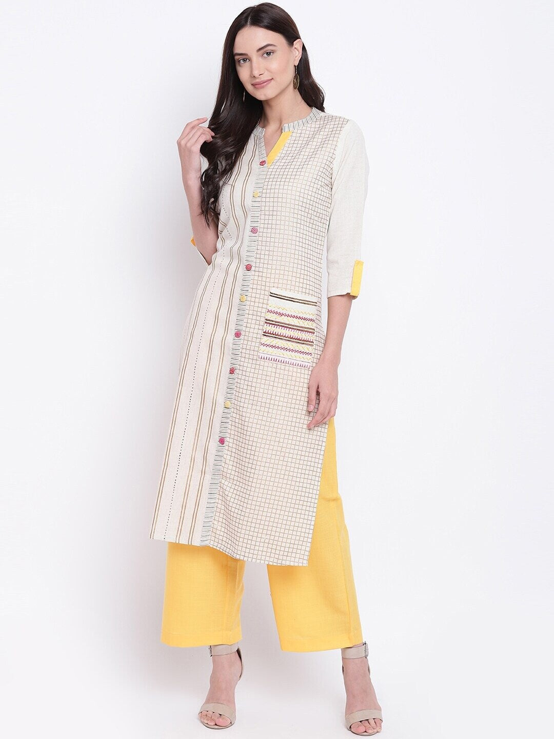 BeIndi Women Off-White & Yellow Striped Kurta With Palazzos