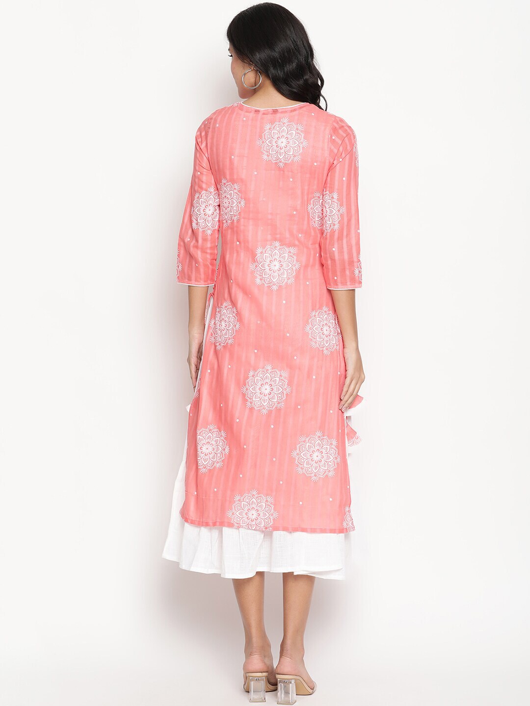 Women Pink White Printed Double Layer Dress
