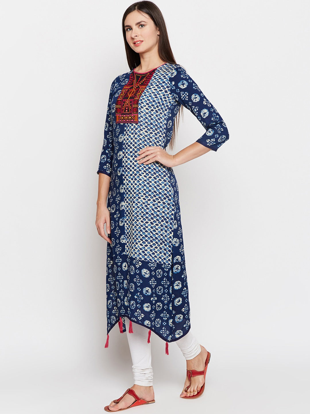 Be Indi Women Navy Blue & White Printed Asymmetric Kurta