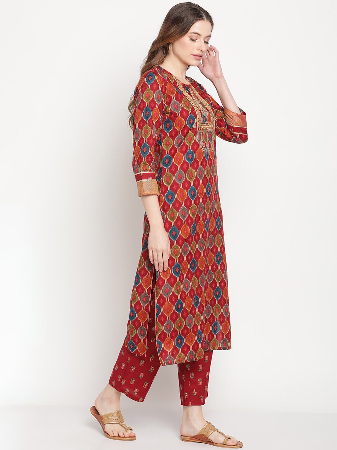 BeIndi Women Maroon Ikat Print Embroidered Yoke Design Kurta With Pant