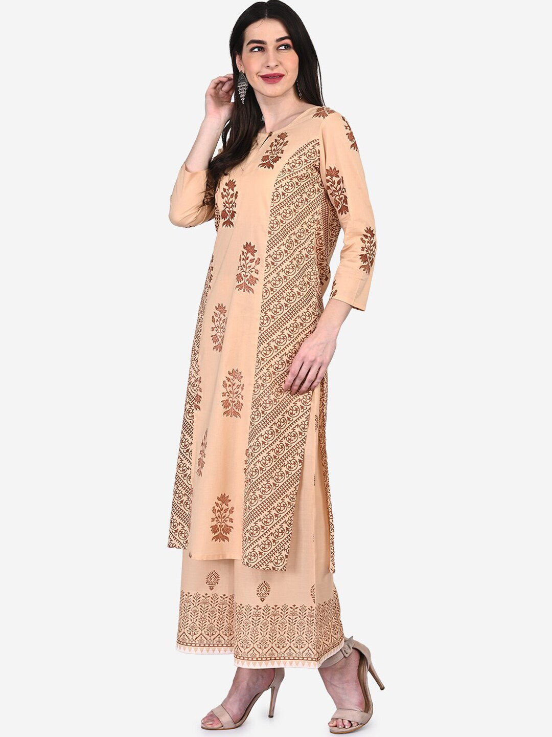 Be Indi Women Coral Pink Printed Panelled Pure Cotton Kurta with Palazzos & Dupatta