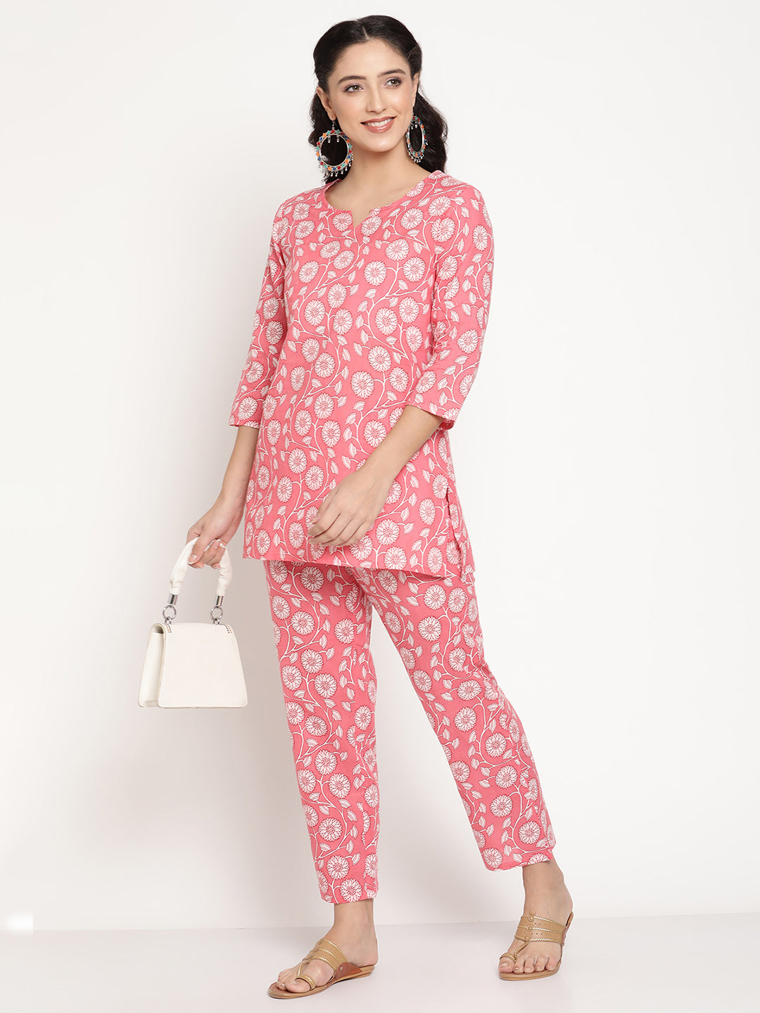 Be Indi Women Pink White Floral Printed Lounge Set