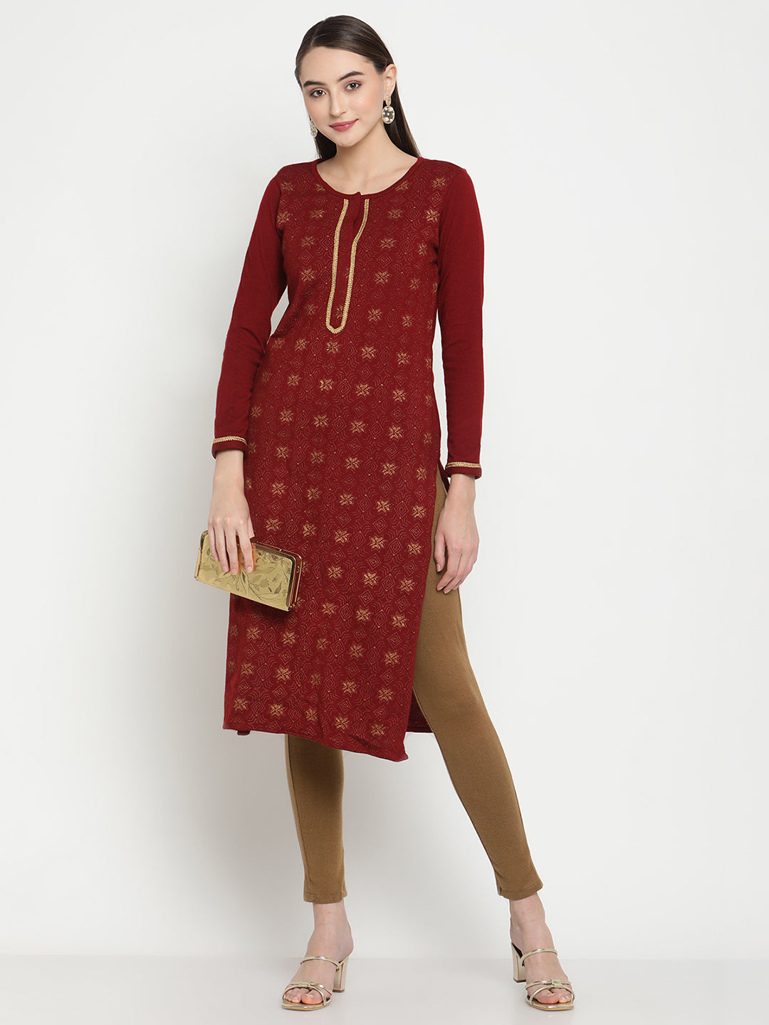 BeIndi Knitted  Women Winter Maroon Ethnic Print Kurta