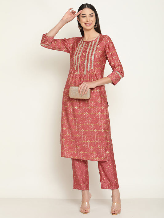 Be Indi Women Pink  Pintuck Kurta With Printed Trouser