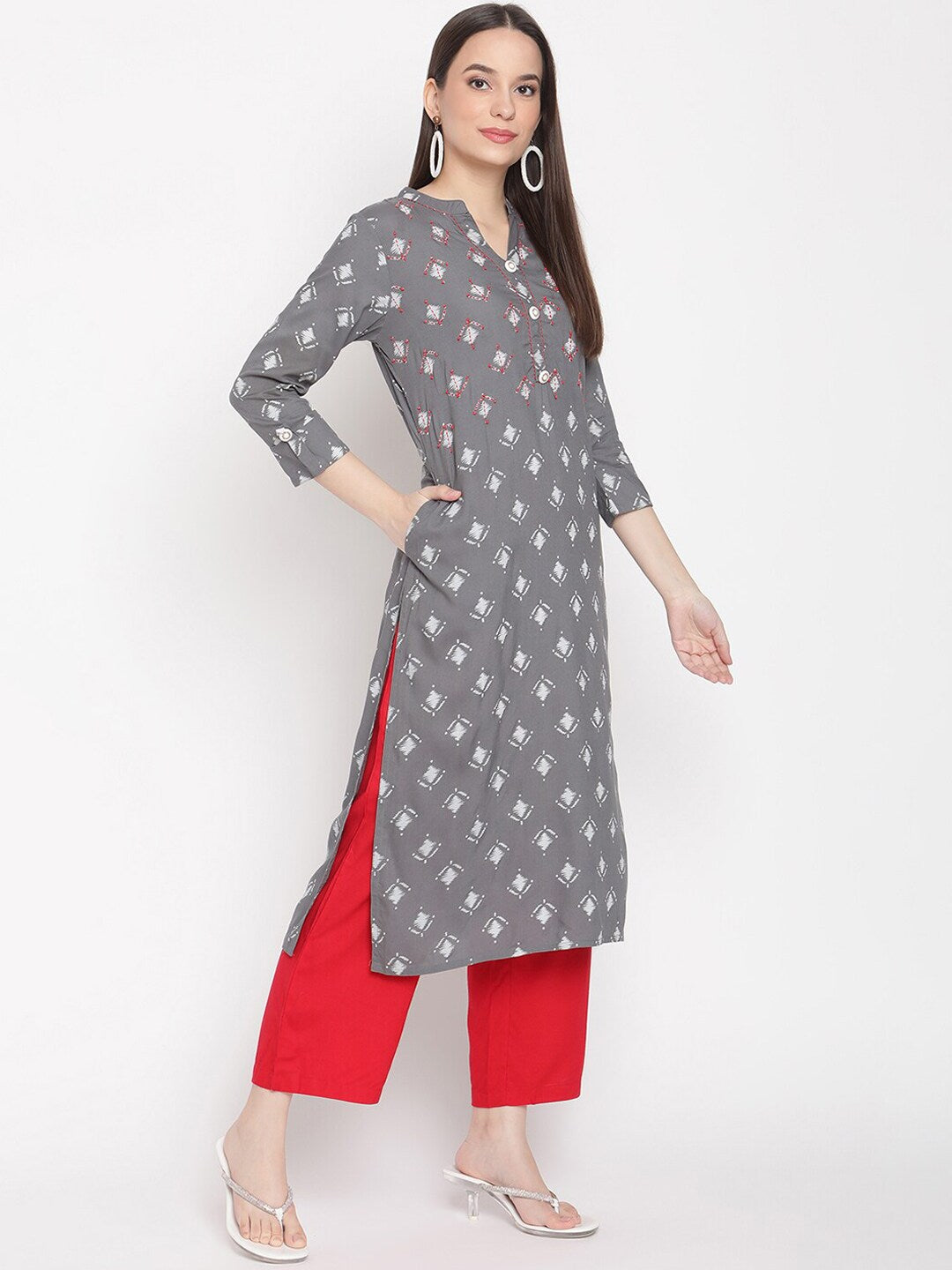 Women grey white color ikat printed hand work detailing kurta With Palazzo