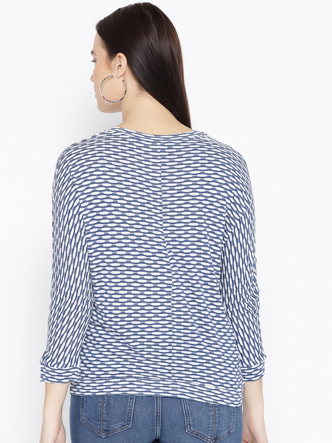 BeIndi Women Teal Blue & White Striped Flat Knit Top