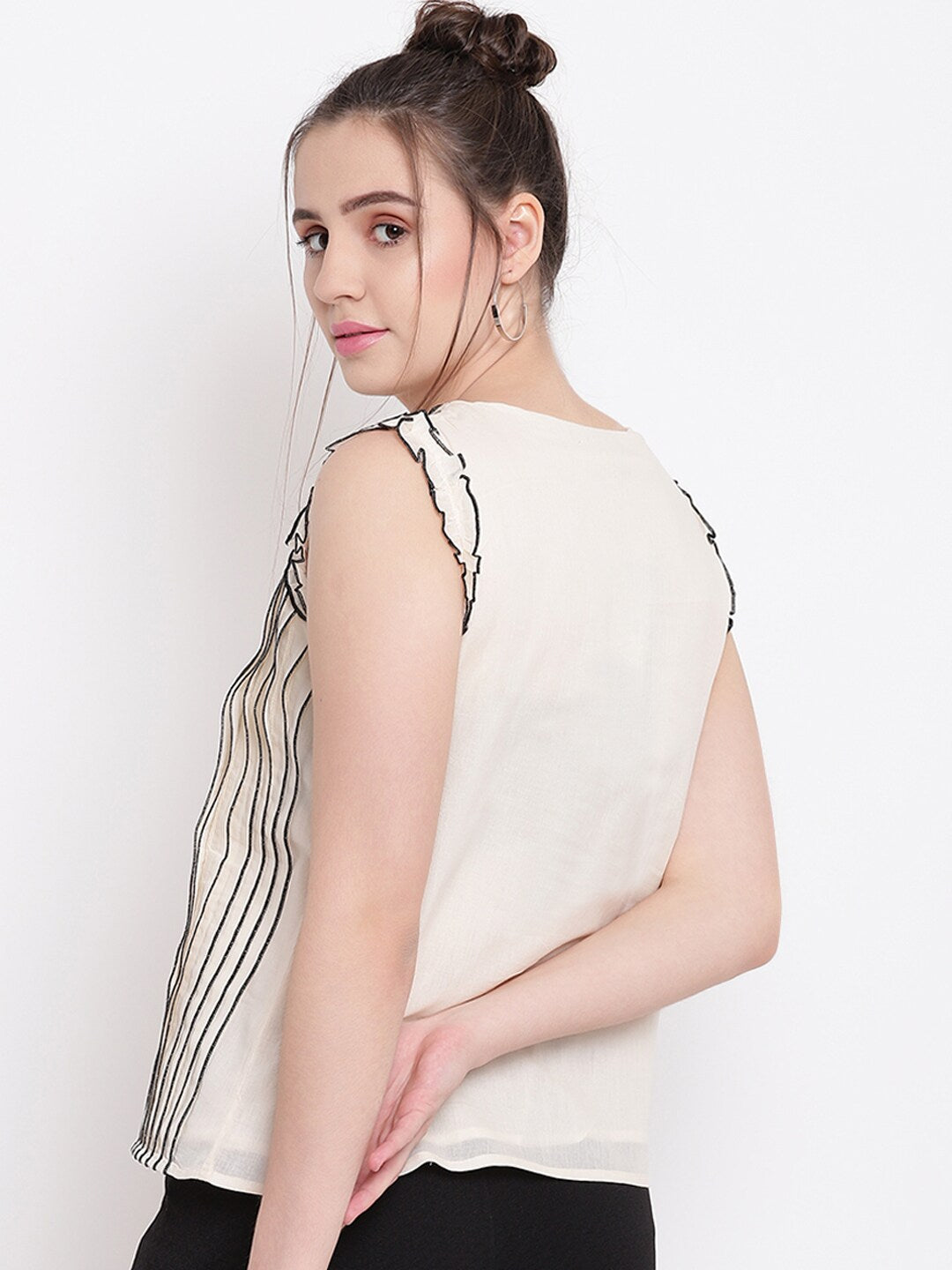 BeIndi Women Beige Striped Cotton Top