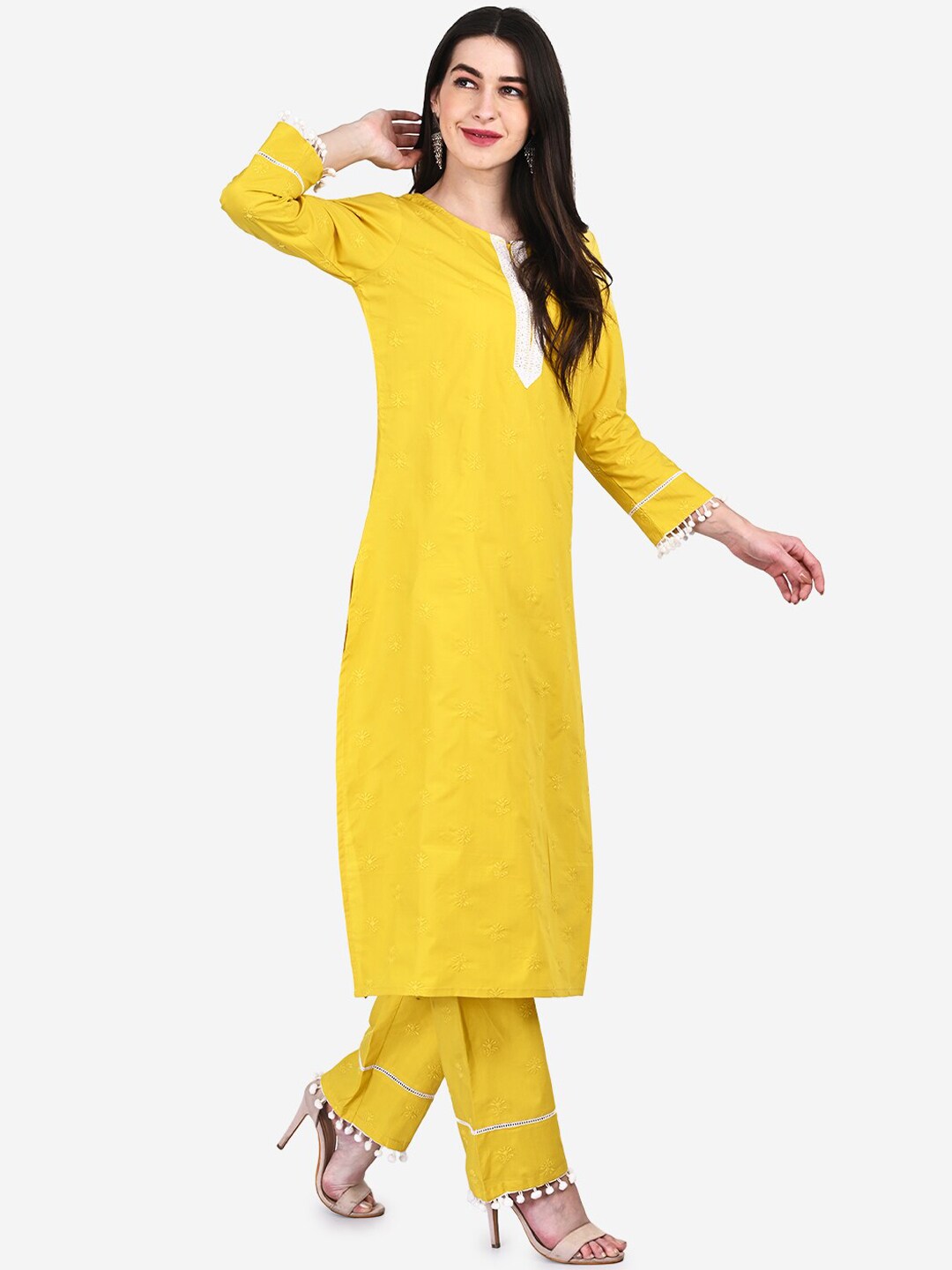 Be Indi Women Yellow Regular Pure Cotton Kurta with Trousers