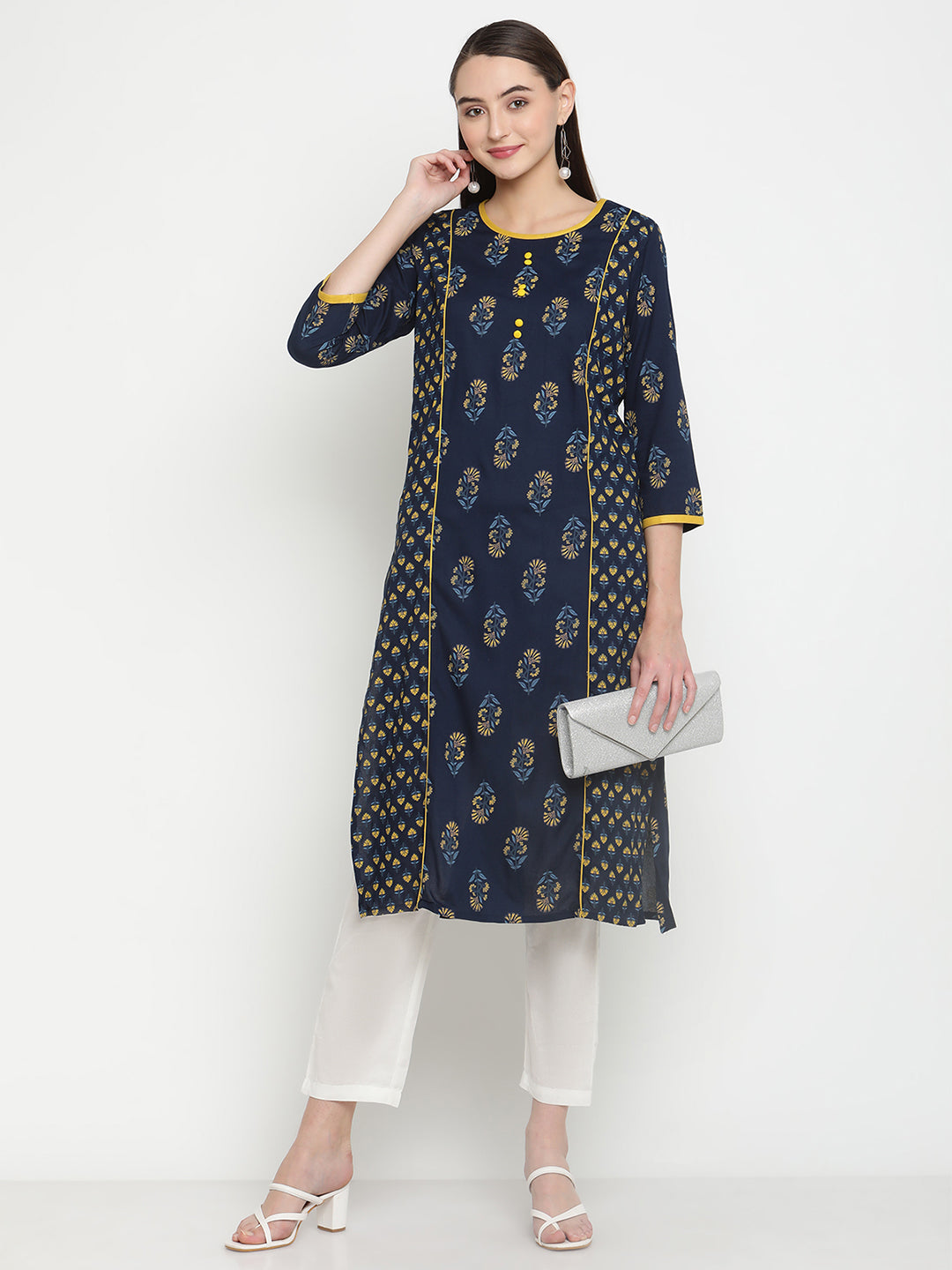BeIndi Women Navy Blue Floral Print Kurta.