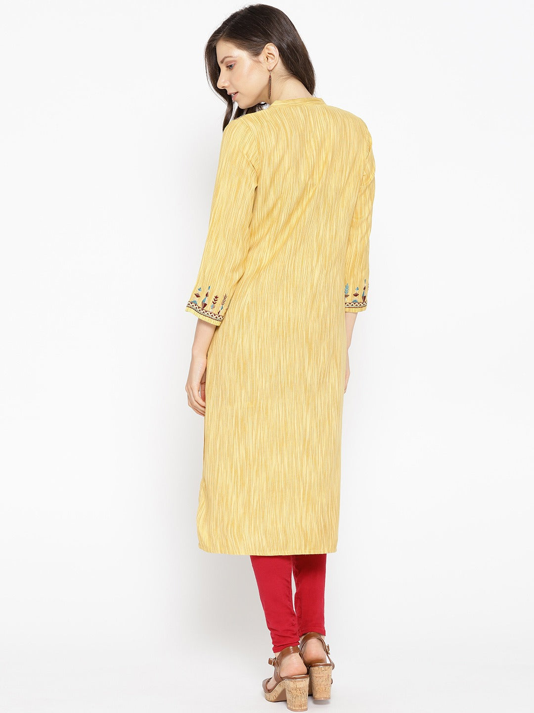 Be Indi Women Yellow Woven Design Straight Kurta