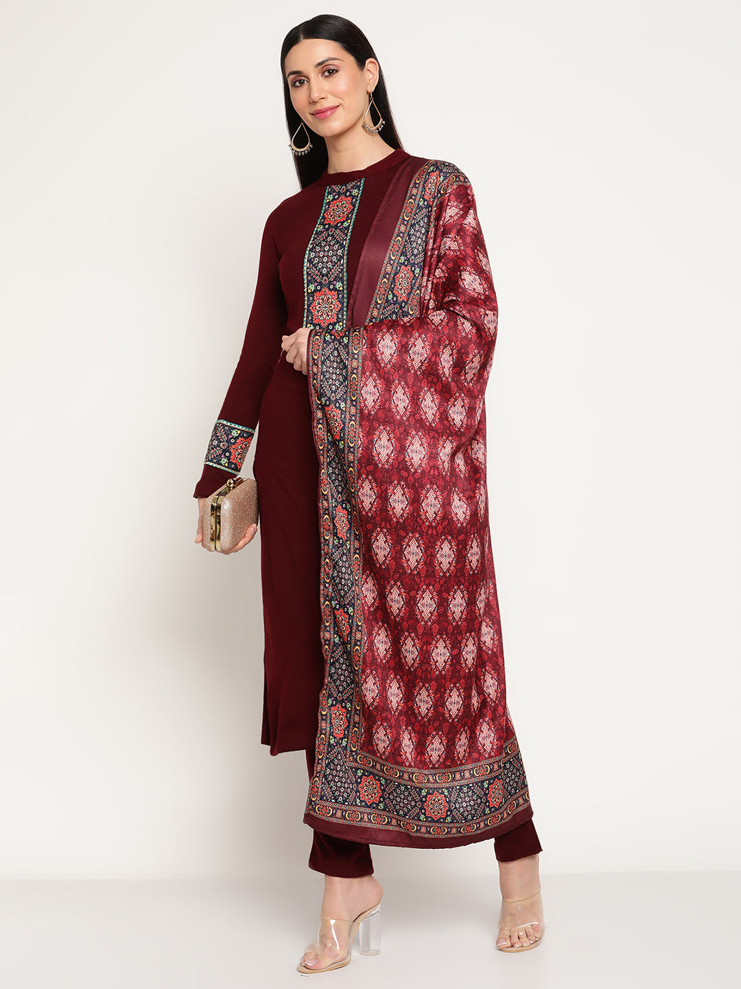 Be Indi Women Winter Daffodil Maroon Yoke Design Straight Kurta With Trouser & Printed Dupatta.