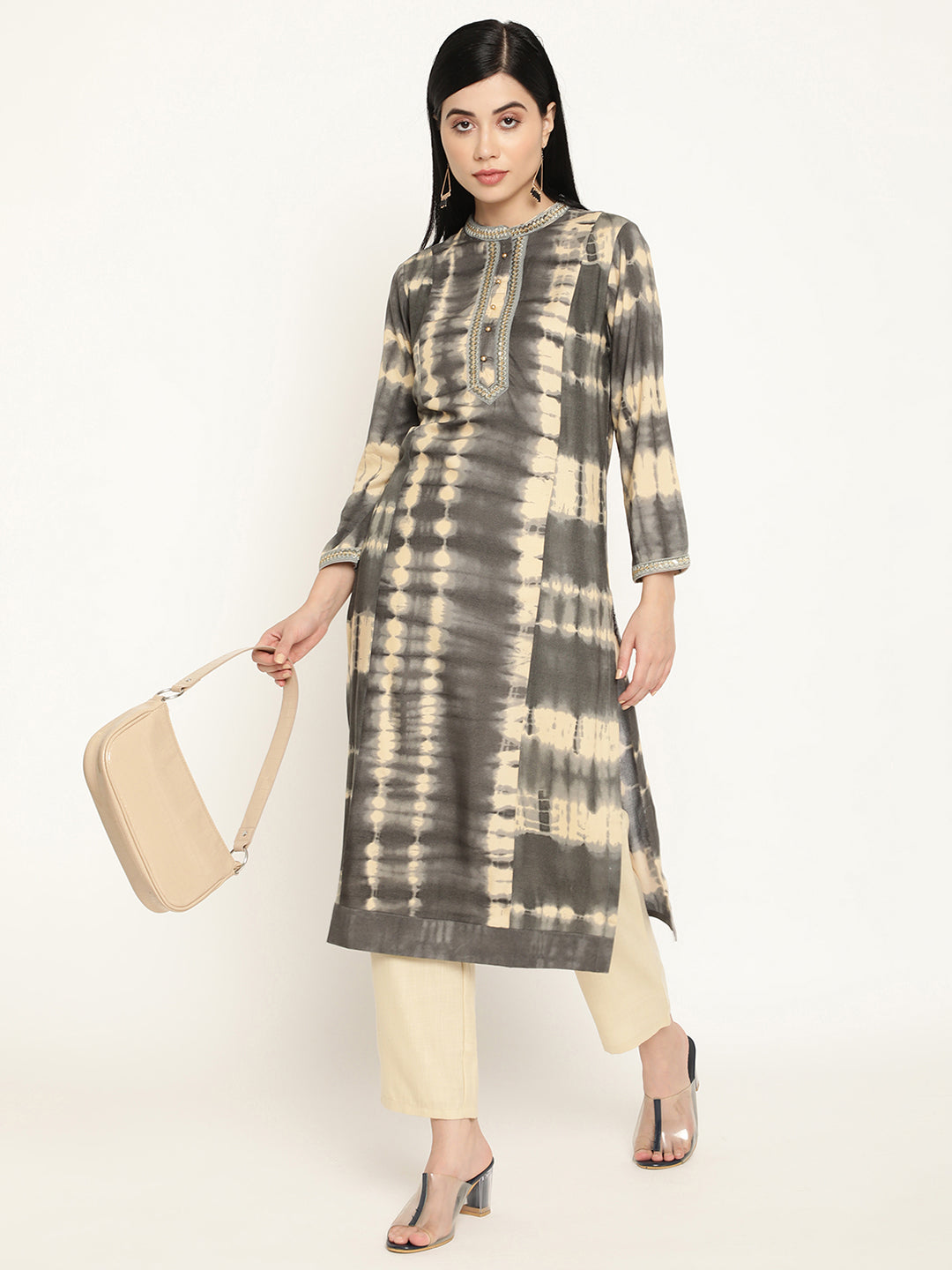 BeIndi Women's Grey Tie & Dye, Mandarin Collar Kurta With Princess Panels & Delicately Woven Lace.