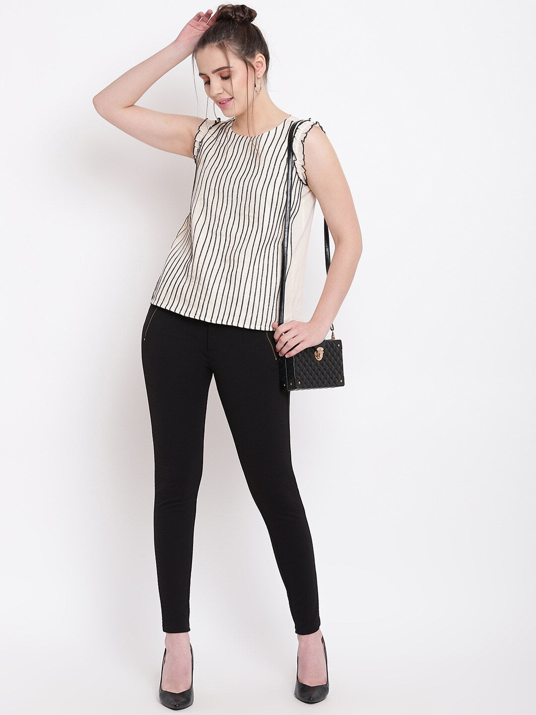 BeIndi Women Cream Striped Cotton Top