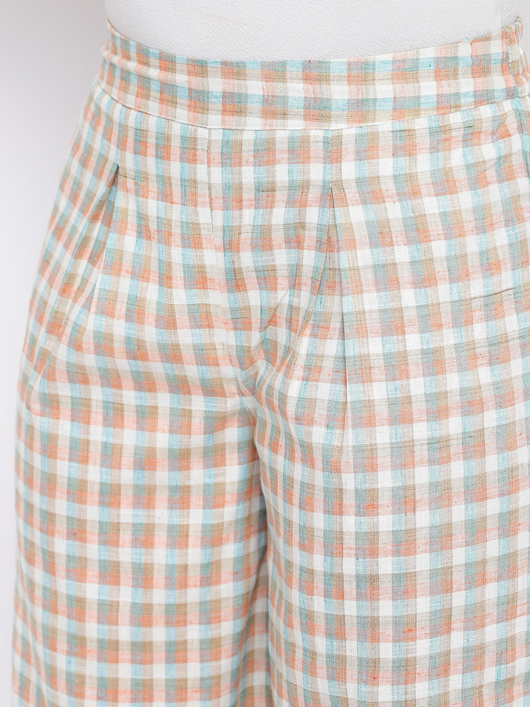 Be Indi Women Off-White & Peach-Coloured Checked Wide Leg Palazzos