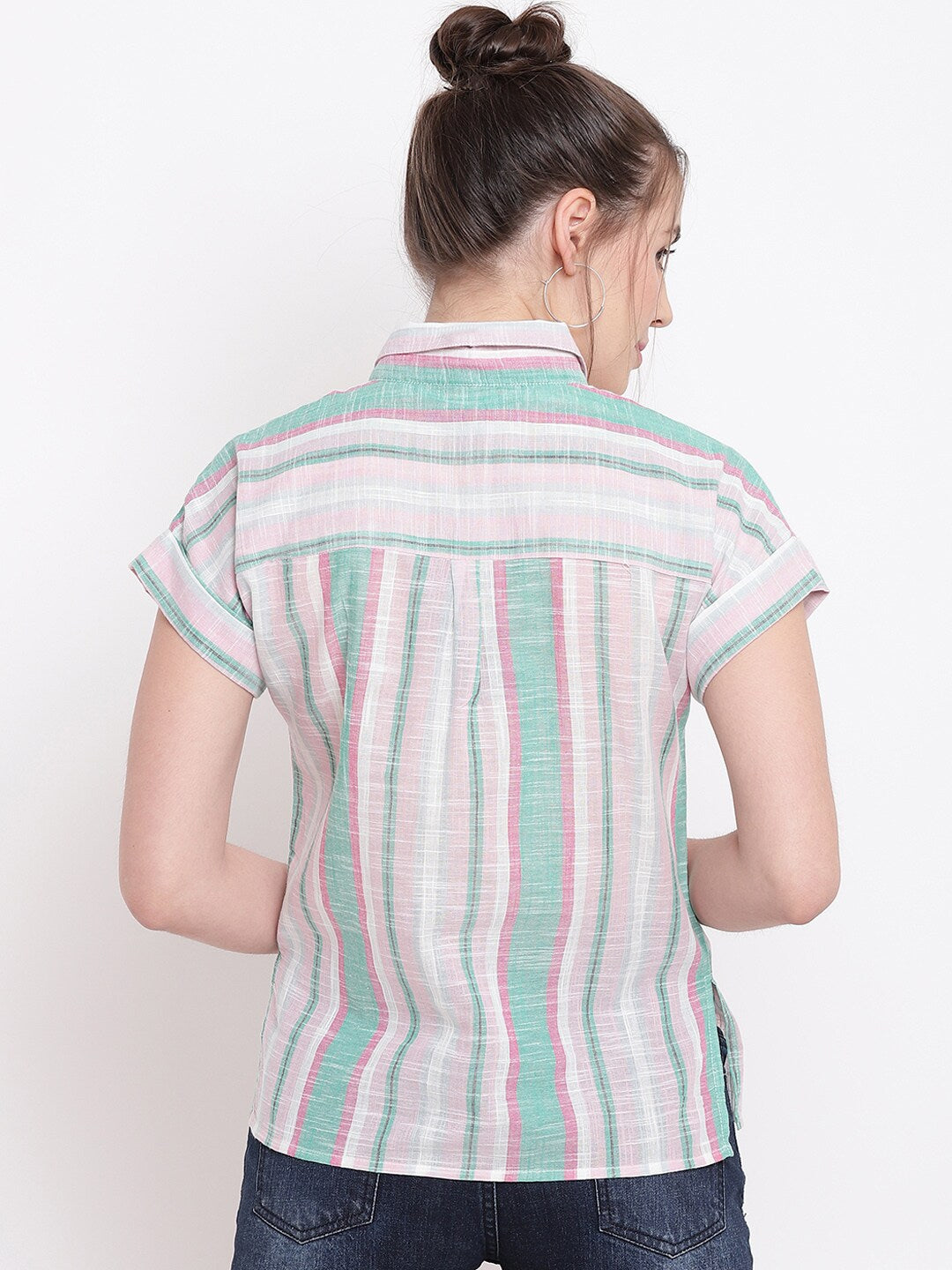 BeIndi Women Pink & Green Striped Shirt Style Top
