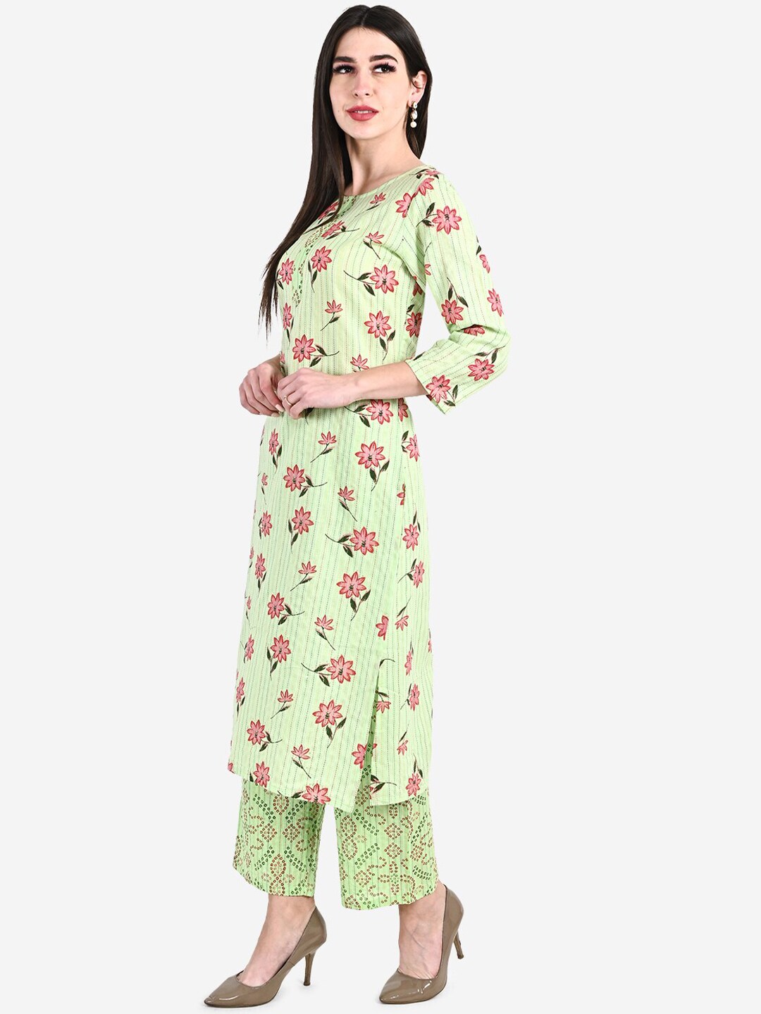 BeIndi Women Floral Print Self Design Green Kurta, Straight Palazzo