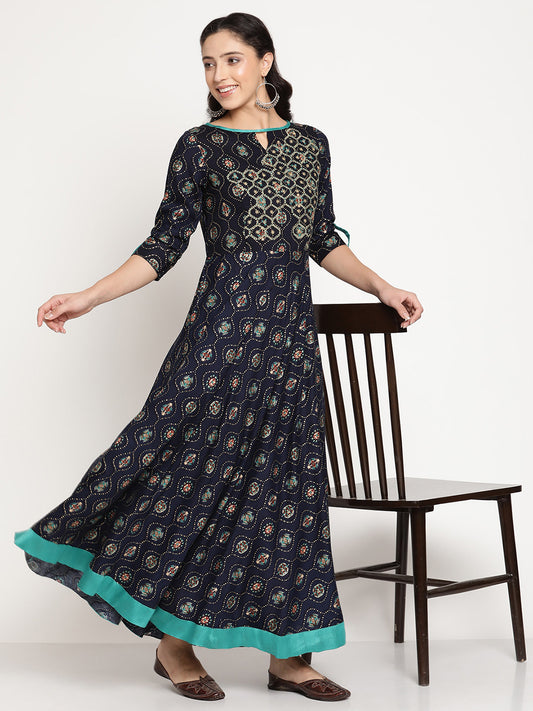 Be Indi Women Navy Golden Printed With Contrast Embroidered And Trim Detailing Maxi Dress