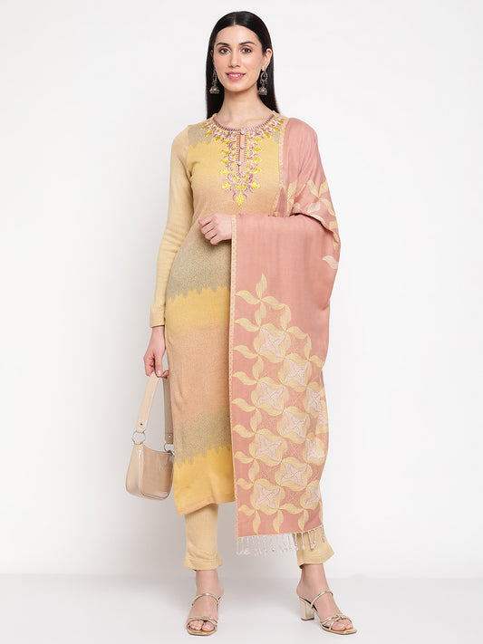 Be Indi Women Winter Daffodil  Beige Embroidered Yoke Design  Straight Kurta With Trouser & Shawl