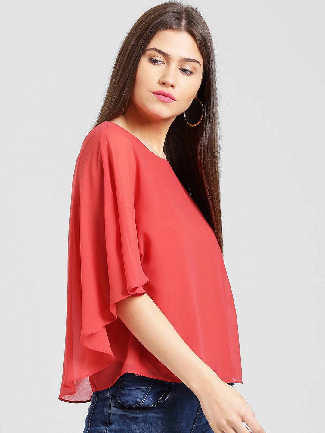 BeIndi Women Coral Red Solid Cape Top