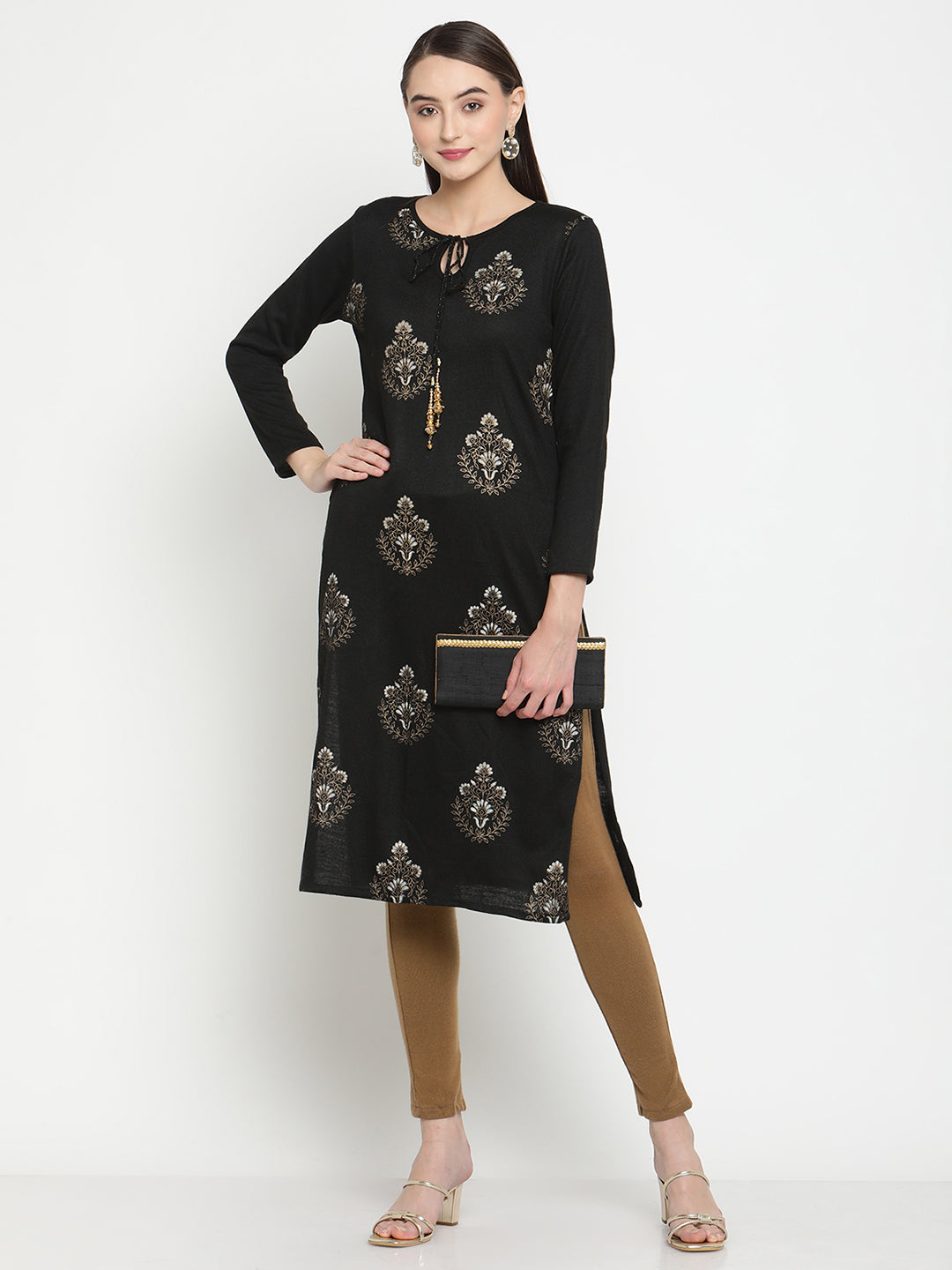 BeIndi Knitted Women Winter Black Ethnic Print Kurta