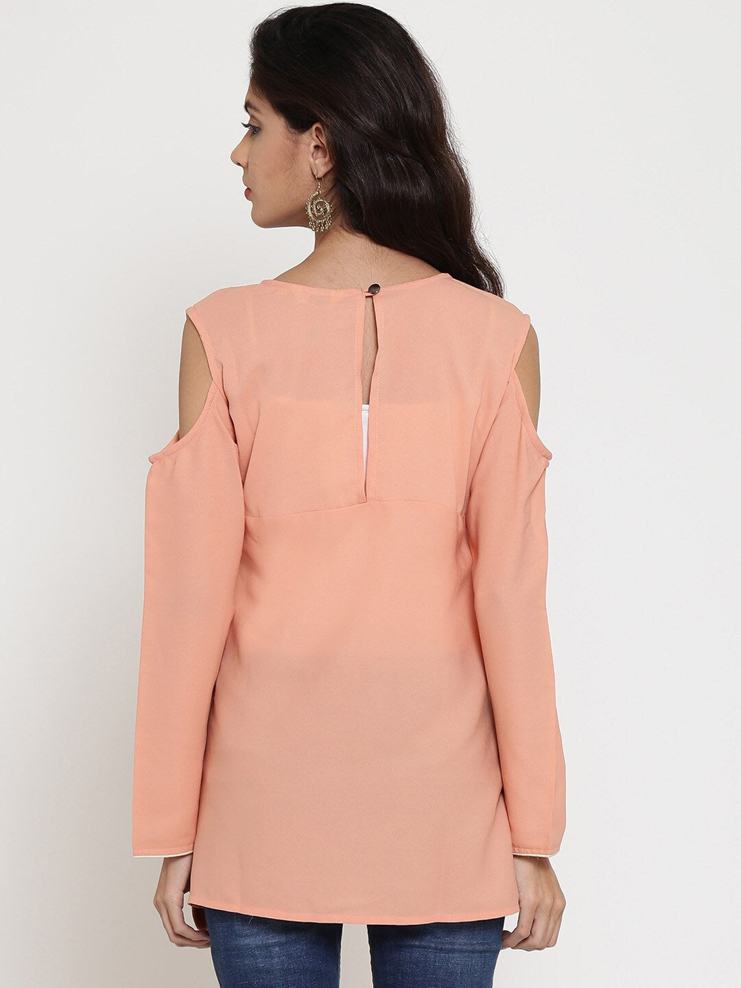 BeIndi Women Peach-Colored Self Design A-Line Longline Top