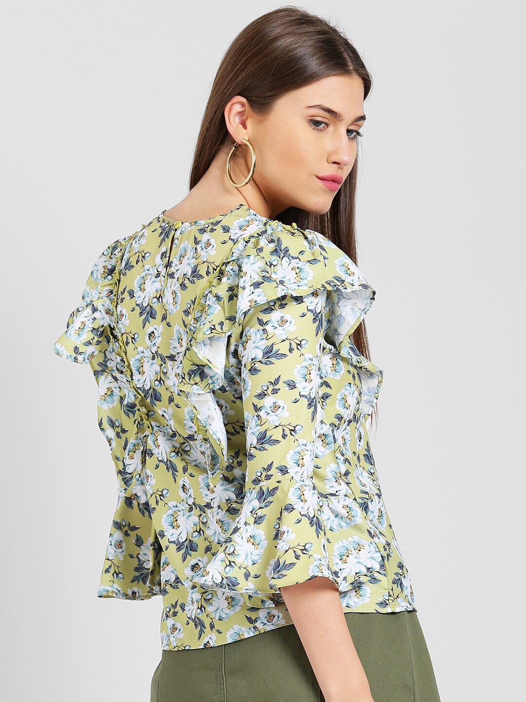 BeIndi Women Olive Green & Blue Printed Top