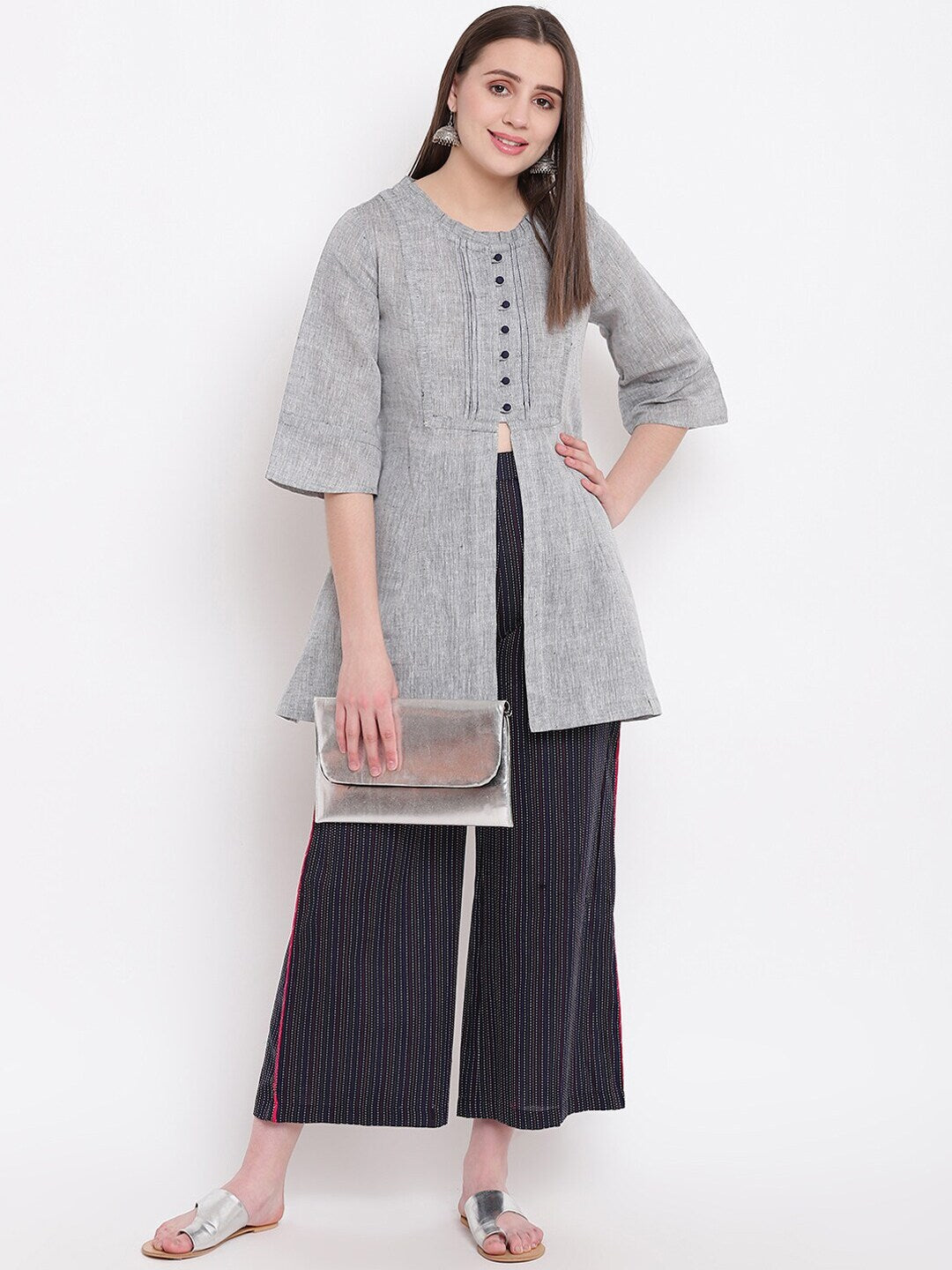 Be Indi Women Navy Blue Flared Parallel Trousers