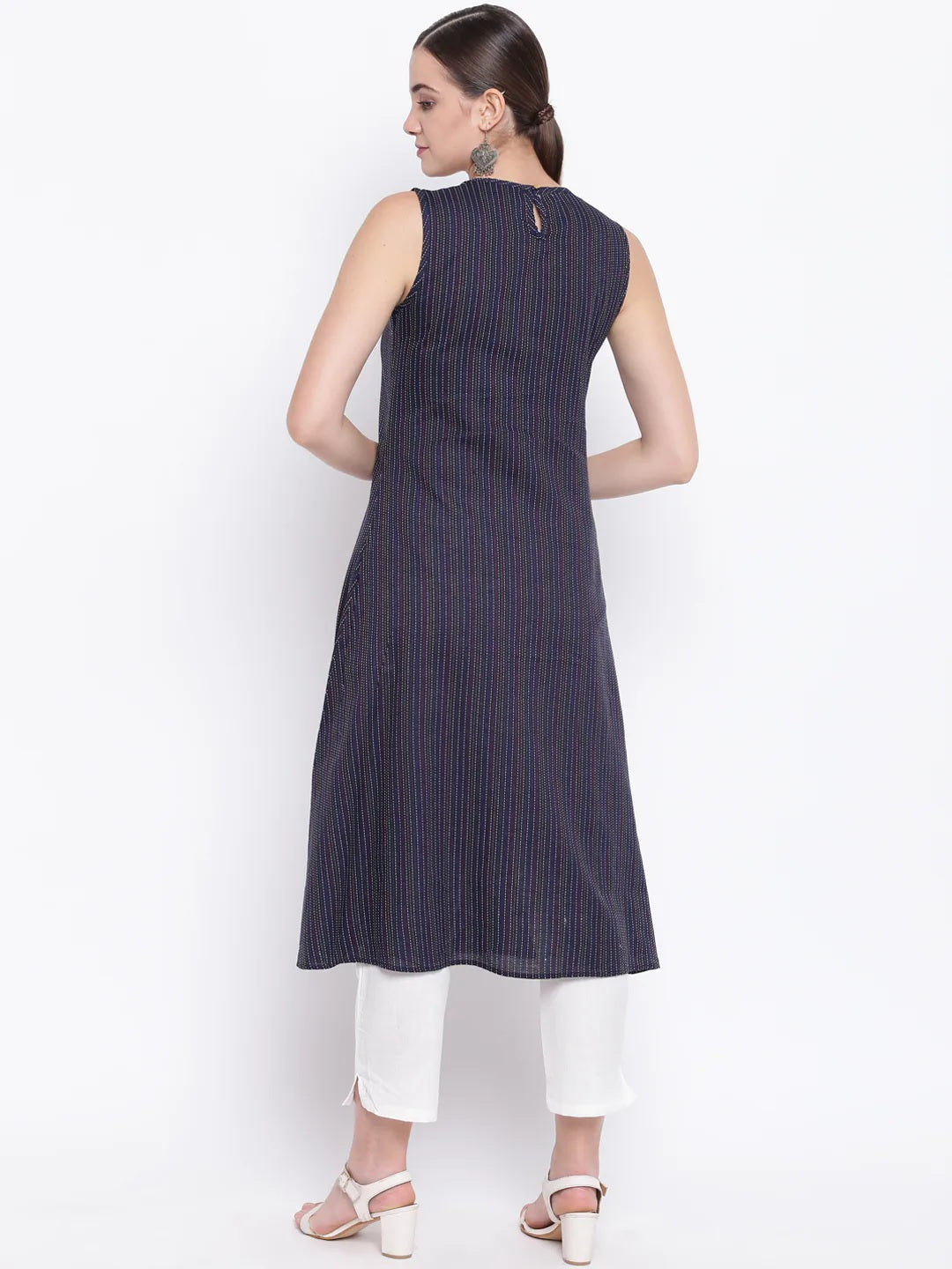 BeIndi Women Navy Blue Striped A-Line Kurta